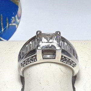 Estate 3.0cttw Princess & baguette Cut CZ Sterling Silver Engagement Ring #18226